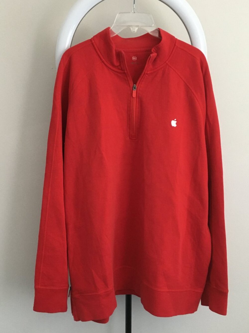 APPLE Red Logo Embroidery Zip Slit Hem Long Sleeve 1/4 Zip Pullover Shirt